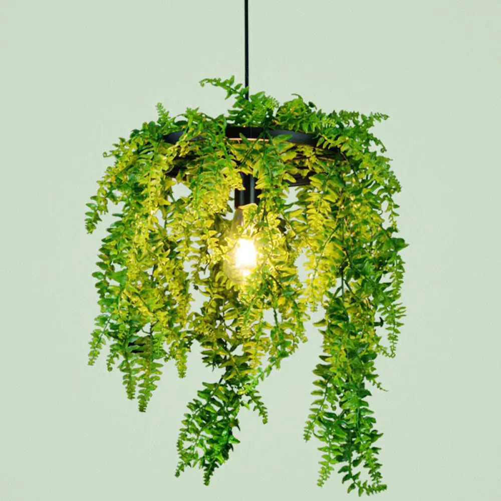 Modern Industrial Metal Hanging Lamp With Green Fake Plant Perfect For Music Bars And Ceilings / 12’