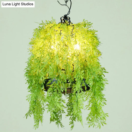 Industrial Metal Music Bar Ceiling Hanging Lamp With Green Fake Plant Accent / 21.5