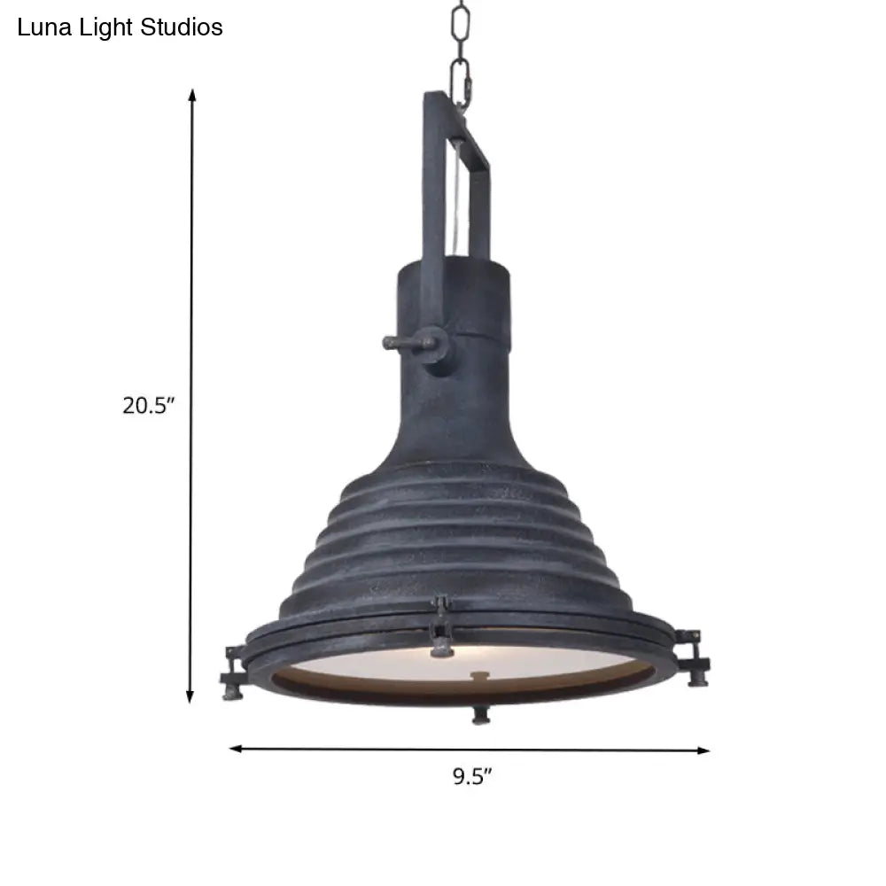 Industrial Ribbed Conical Suspension Light - Metallic Hanging Ceiling Lamp In Black