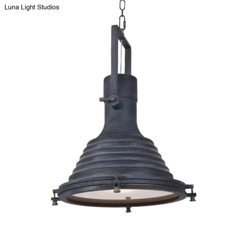 Industrial Ribbed Conical Suspension Light - Metallic Hanging Ceiling Lamp In Black