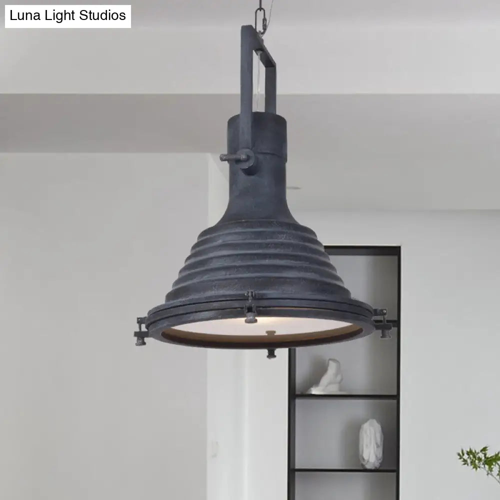 Industrial Ribbed Conical Suspension Light - Metallic Hanging Ceiling Lamp In Black