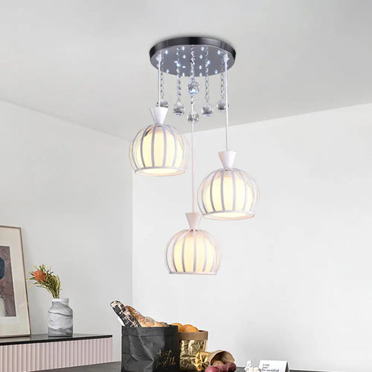 Modern Iron 3-Headed Cage Pendant Light: White Finish With Opal Glass Shade