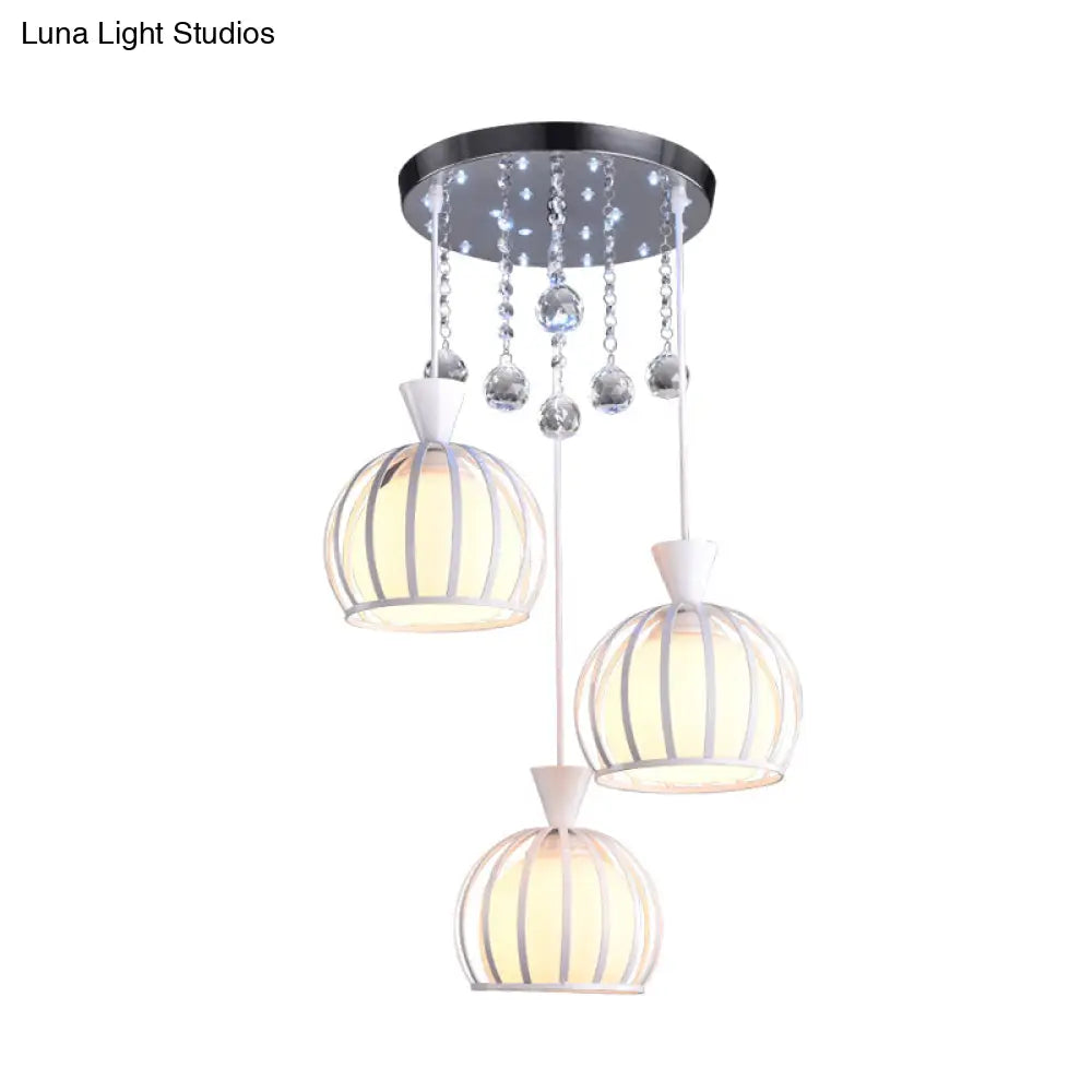 Modern Iron 3-Headed Cage Pendant Light: White Finish With Opal Glass Shade