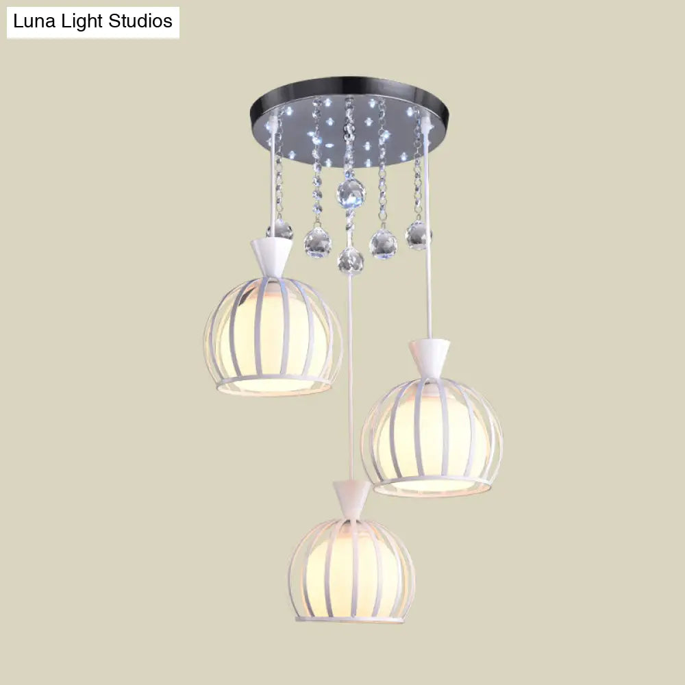 Modern Iron 3-Headed Cage Pendant Light: White Finish With Opal Glass Shade