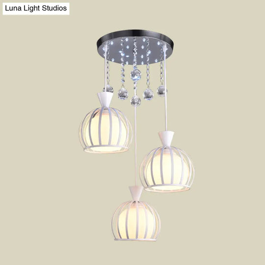 Modern Iron 3-Headed Cage Pendant Light: White Finish With Opal Glass Shade