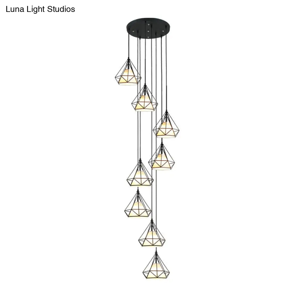 Modern Iron 8-Bulb Black Diamond Cage Ceiling Light Pendant Chandelier For Living Room