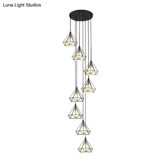 Modern Iron 8-Bulb Black Diamond Cage Ceiling Light Pendant Chandelier For Living Room