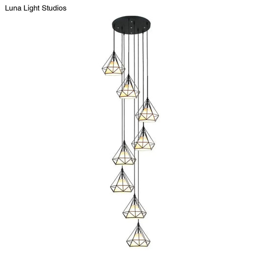 Modern Black Diamond Cage Ceiling Light 8-Bulb Iron Pendant Chandelier For Living Room