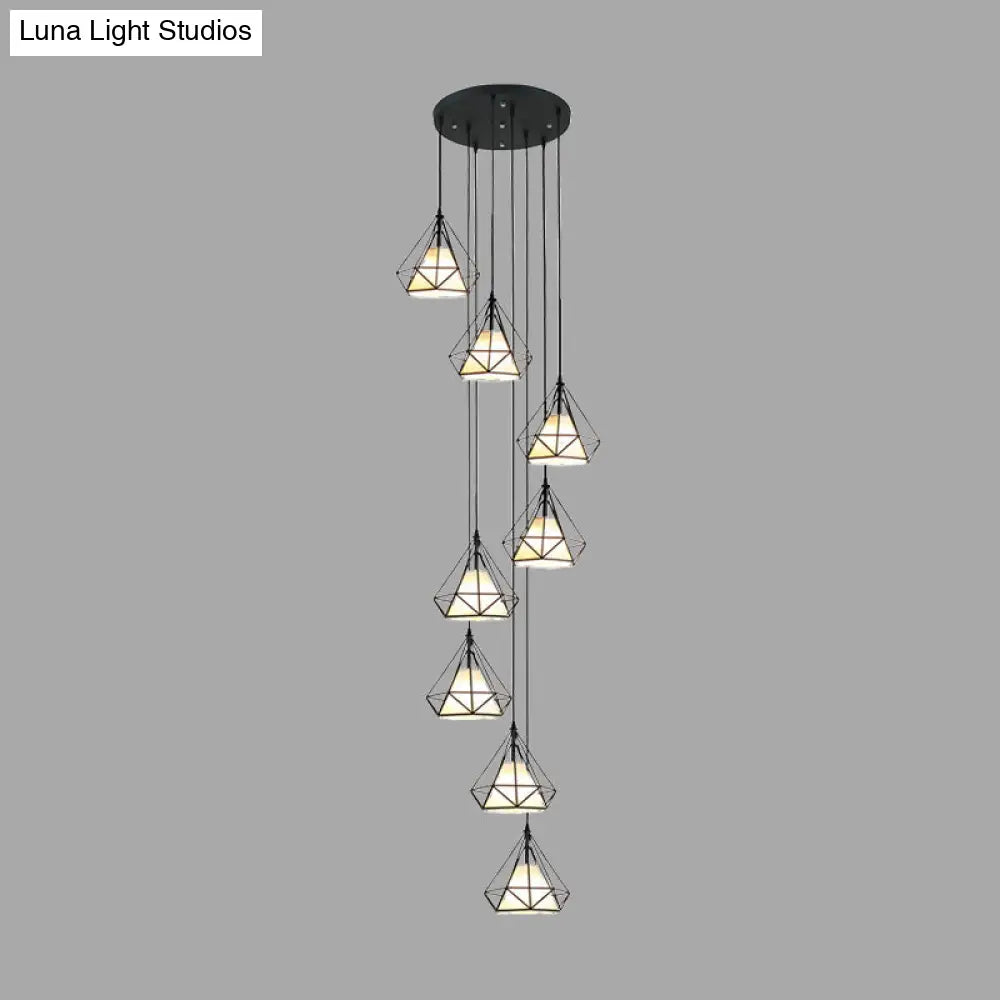 Modern Iron 8-Bulb Black Diamond Cage Ceiling Light Pendant Chandelier For Living Room