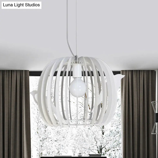 Modern White Drum Birdcage Pendant Lamp With Bird Décor - Iron Construction 1 Bulb Dinette Hanging