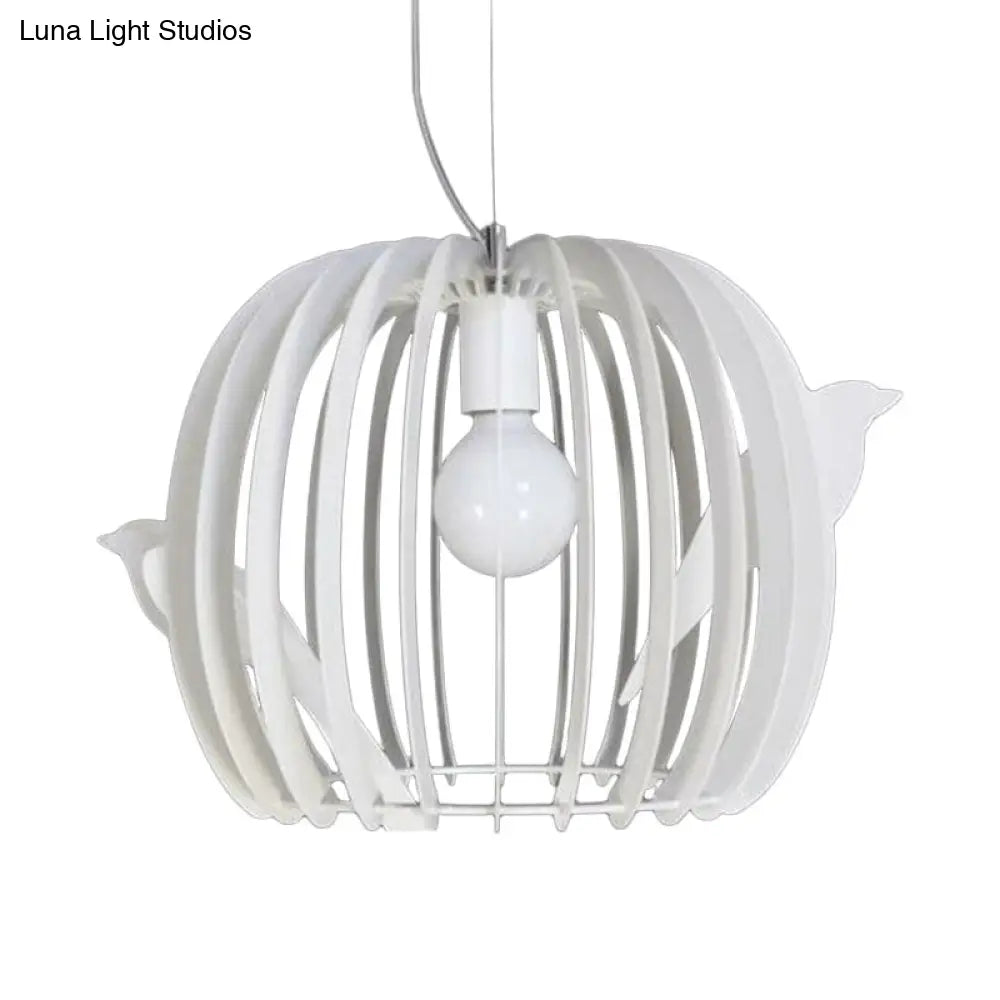 Modern White Drum Birdcage Pendant Lamp With Bird Décor - Iron Construction 1 Bulb Dinette Hanging