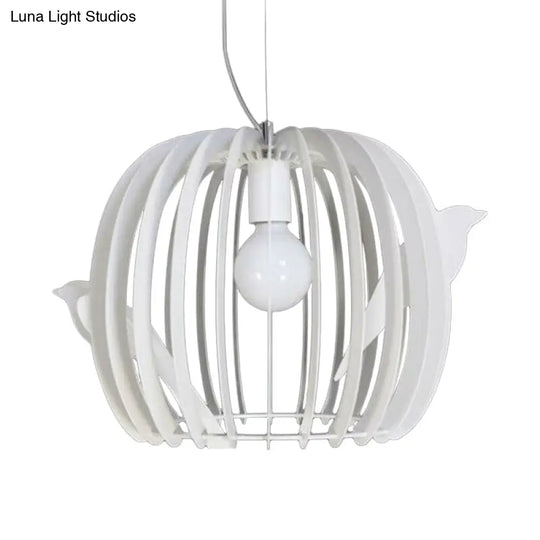 Modern White Drum Birdcage Pendant Lamp With Bird Décor - Iron Construction 1 Bulb Dinette Hanging