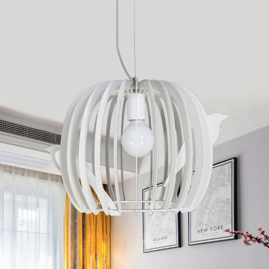 Modern Iron Birdcage Pendant Lamp In White With Bird Decor - Drum Shaped 1 Bulb Hanging Ceiling