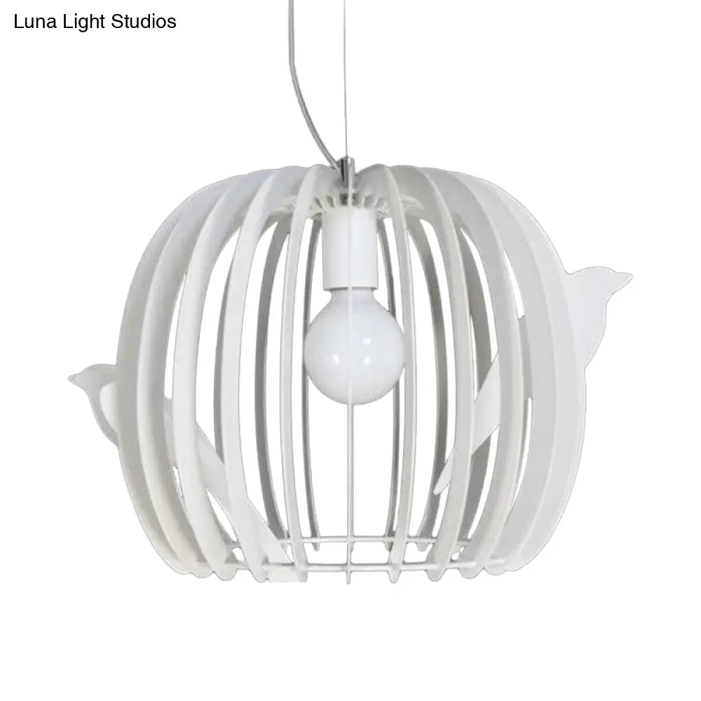 Modern Iron Birdcage Pendant Lamp In White With Bird Decor - Drum Shaped 1 Bulb Hanging Ceiling