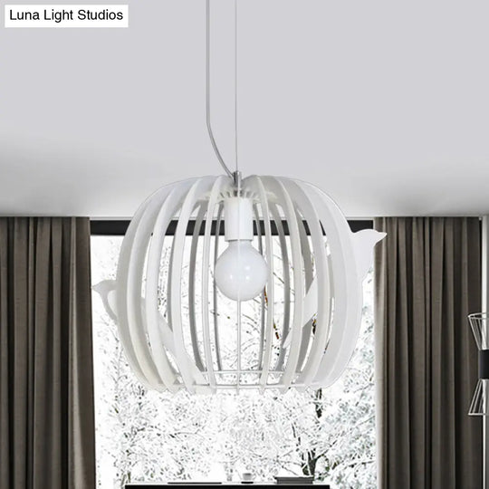 Modern Iron Birdcage Pendant Lamp In White With Bird Decor - Drum Shaped 1 Bulb Hanging Ceiling