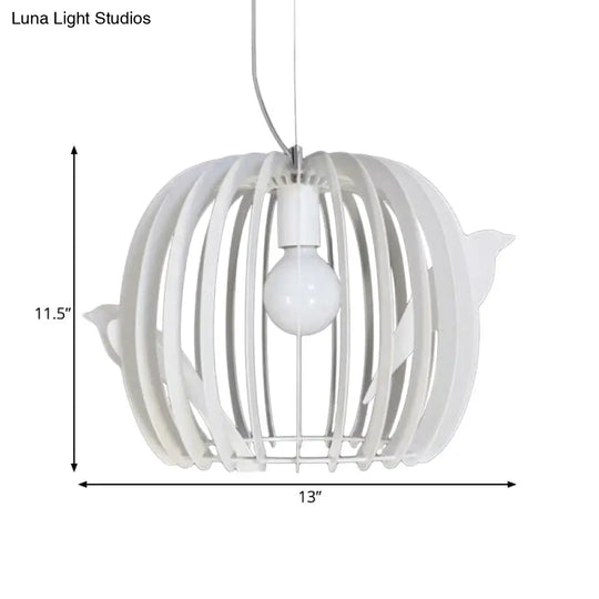 Modern White Drum Birdcage Pendant Lamp With Bird Décor - Iron Construction 1 Bulb Dinette Hanging