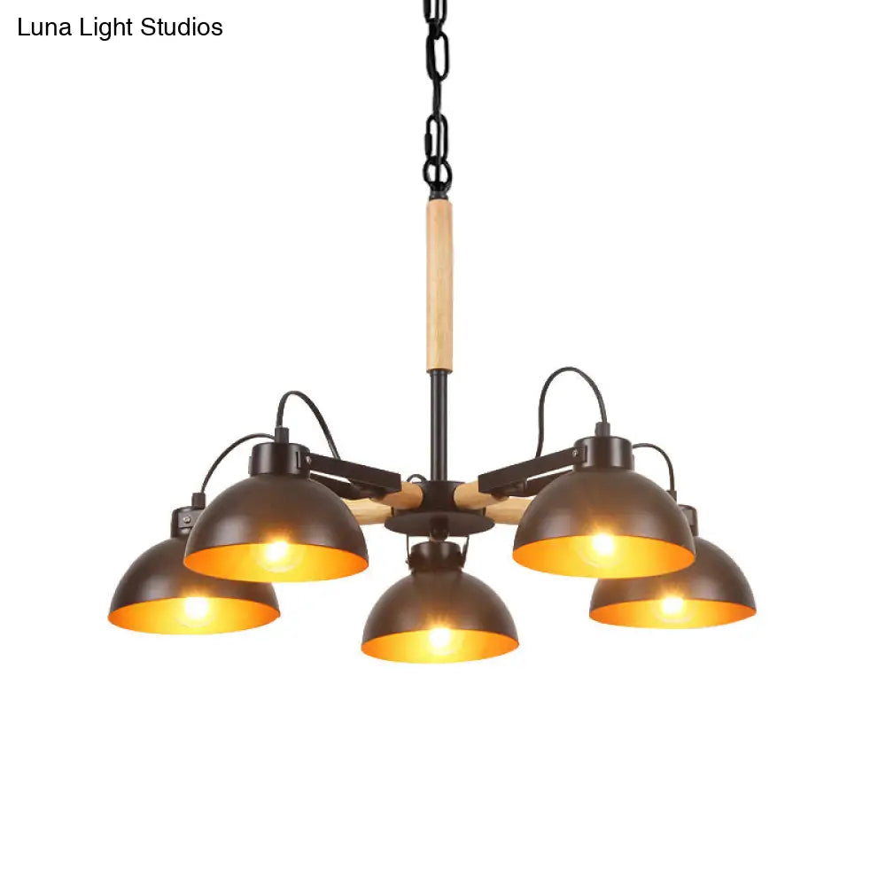 Modern Iron Black And Gold Chandelier With Rotating Bowl Shade Wood Arm - 3/5/6 Head Ceiling