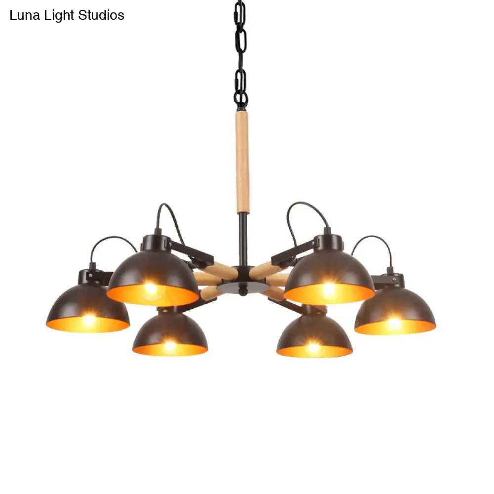 Modern Iron Black And Gold Chandelier With Rotating Bowl Shade Wood Arm - 3/5/6 Head Ceiling