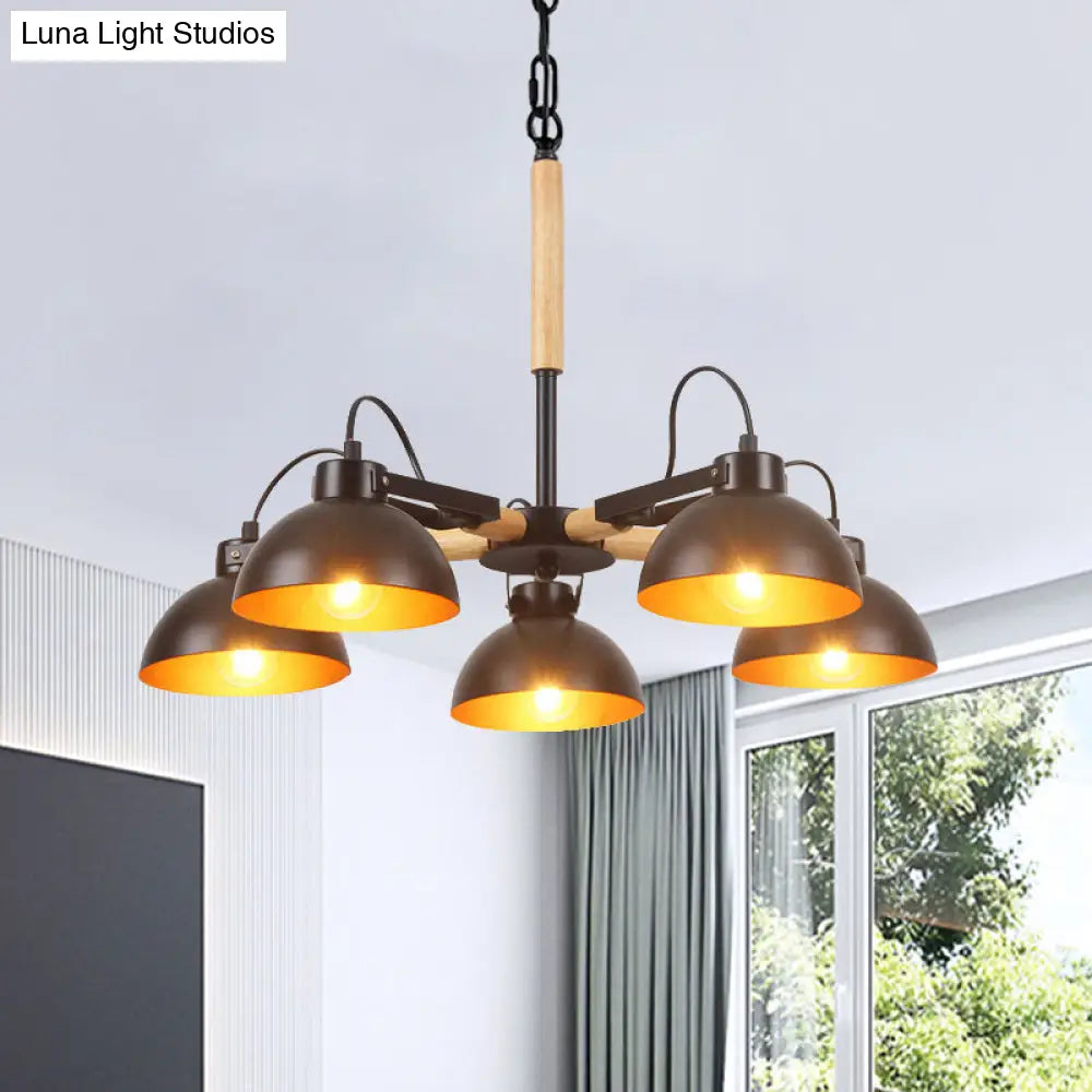 Modern Iron Black And Gold Chandelier With Rotating Bowl Shade Wood Arm - 3/5/6 Head Ceiling