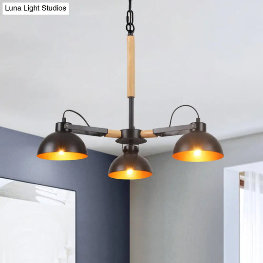 Modern Iron Black And Gold Chandelier With Rotating Bowl Shade Wood Arm - 3/5/6 Head Ceiling