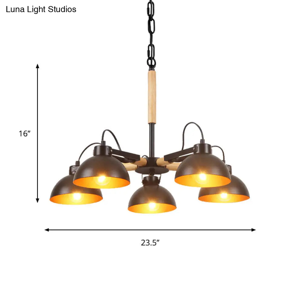 Modern Iron Black And Gold Chandelier With Rotating Bowl Shade Wood Arm - 3/5/6 Head Ceiling