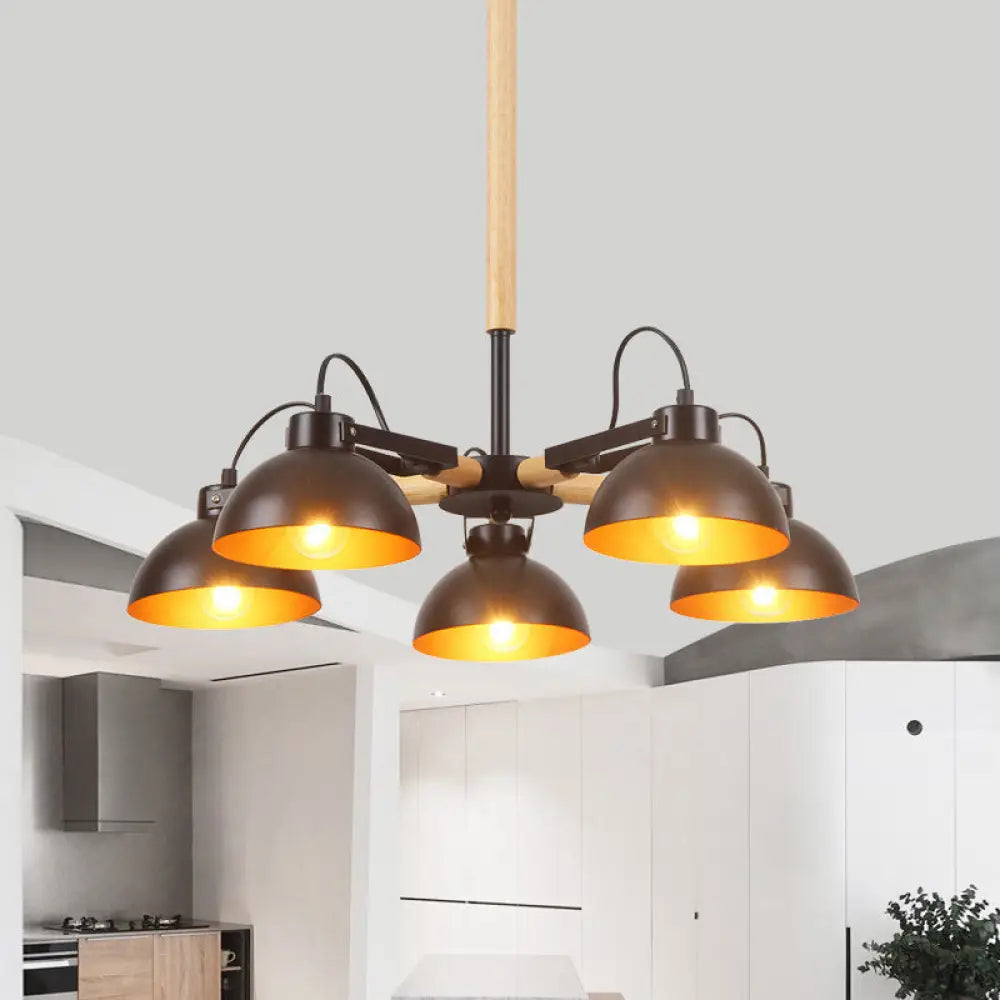 Modern Iron Black And Gold Chandelier With Rotating Bowl Shade Wood Arm - 3/5/6 Head Ceiling