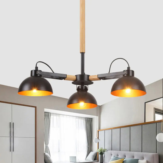 Modern Iron Black And Gold Chandelier With Rotating Bowl Shade Wood Arm - 3/5/6 Head Ceiling