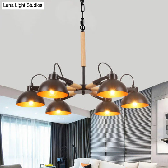 Modern Iron Black And Gold Chandelier With Rotating Bowl Shade Wood Arm - 3/5/6 Head Ceiling