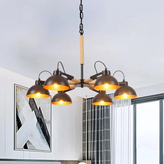 Modern Iron Black And Gold Chandelier With Rotating Bowl Shade Wood Arm - 3/5/6 Head Ceiling