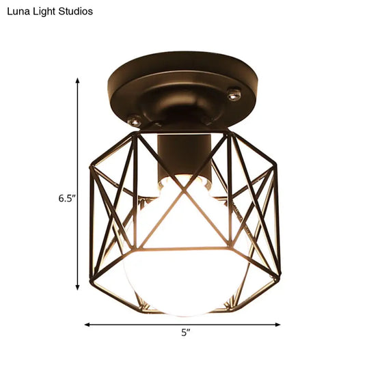 Modern Iron Black Hexagon Cage Flush Mount Kitchen Lighting - 1 Bulb Flushmount Ceiling Lamp
