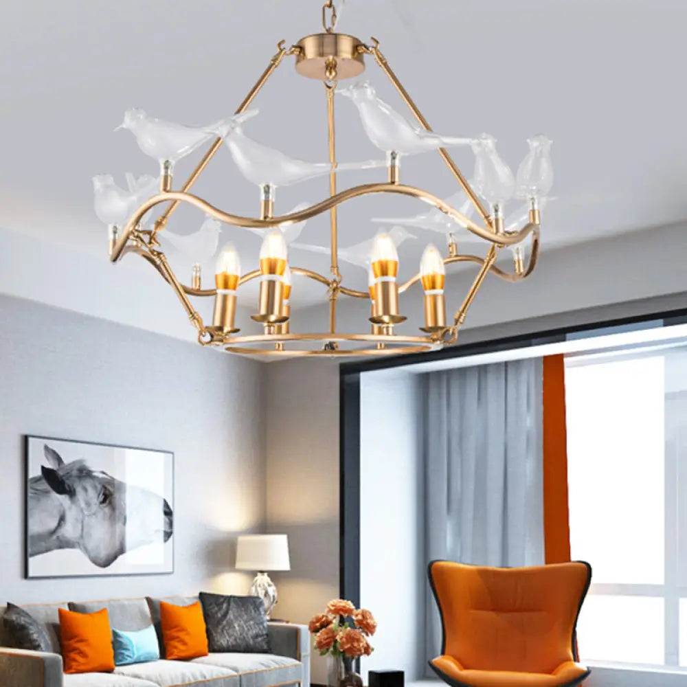 Modern Iron Candle Chandelier Ceiling Fixture In Gold With Clear Glass Birds - 6/9-Head For Living