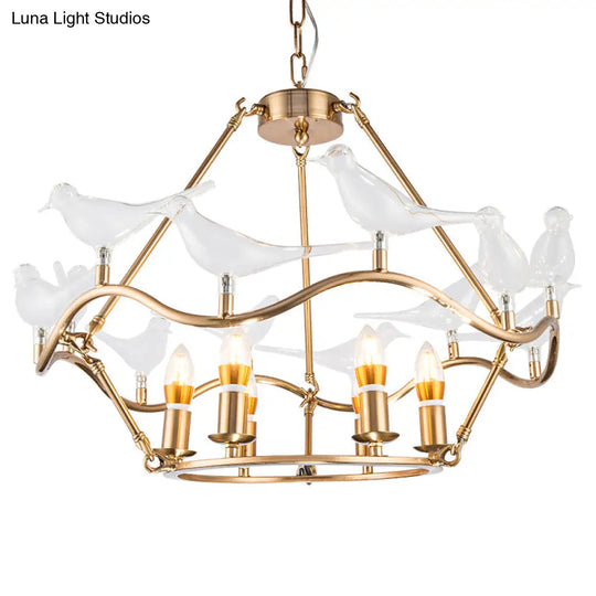 Modern Iron Candle Chandelier Ceiling Fixture In Gold With Clear Glass Birds - 6/9-Head For Living