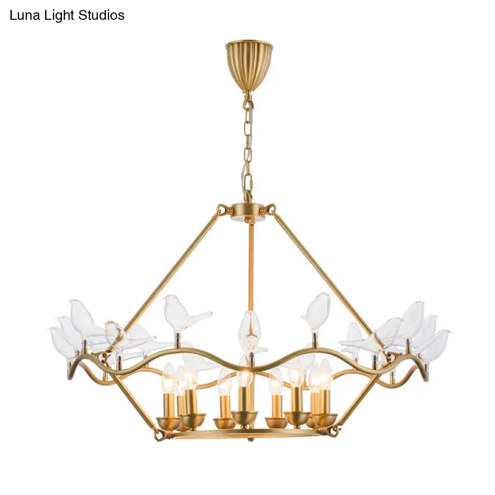 Modern Iron Candle Chandelier Ceiling Fixture In Gold With Clear Glass Birds - 6/9-Head For Living