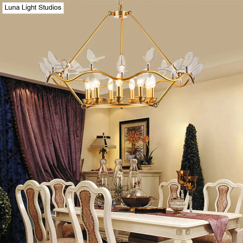 Postmodern Iron Candle Chandelier With Clear Glass Birds - 6/9-Head Gold Ceiling Fixture For Living