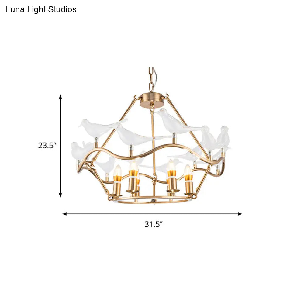 Postmodern Iron Candle Chandelier With Clear Glass Birds - 6/9-Head Gold Ceiling Fixture For Living