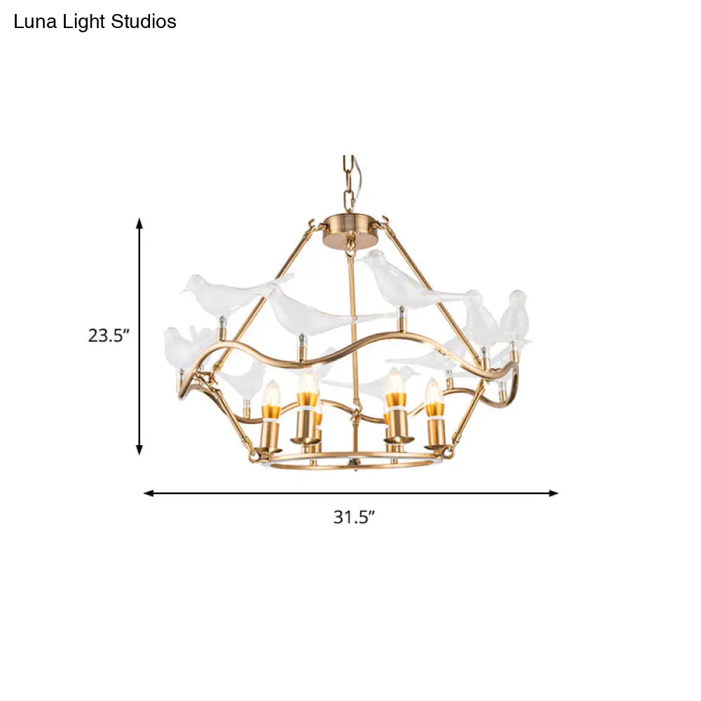 Modern Iron Candle Chandelier Ceiling Fixture In Gold With Clear Glass Birds - 6/9-Head For Living