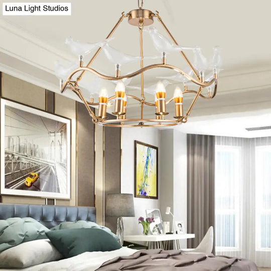 Postmodern Iron Candle Chandelier With Clear Glass Birds - 6/9-Head Gold Ceiling Fixture For Living