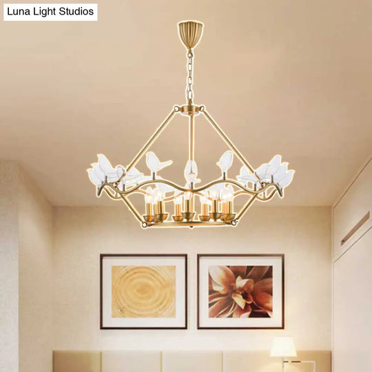 Postmodern Iron Candle Chandelier With Clear Glass Birds - 6/9-Head Gold Ceiling Fixture For Living