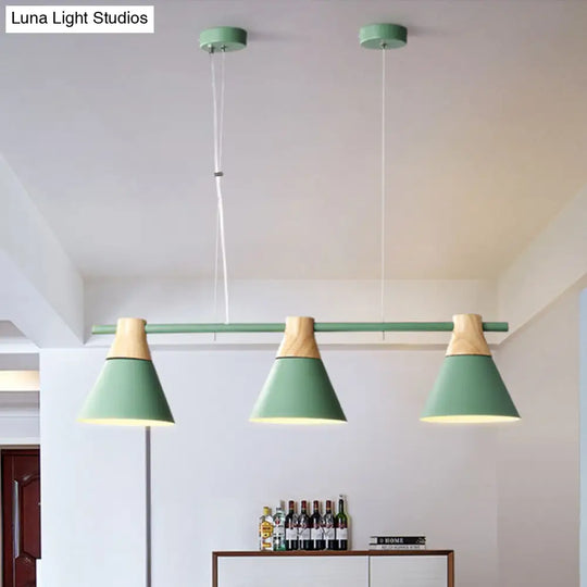 Modern Iron Cone Suspension Light With 3 Bulbs In Yellow/Blue/Green - Linear Design For Dining Room