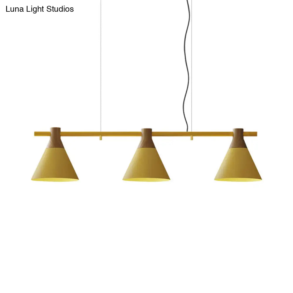 Modern Iron Cone Suspension Light With 3 Bulbs In Yellow/Blue/Green - Linear Design For Dining Room