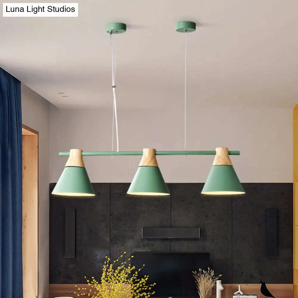 Modern Cone Dining Room Suspension Light With Linear Design - 3 Bulbs Pendant In Yellow/Blue/Green