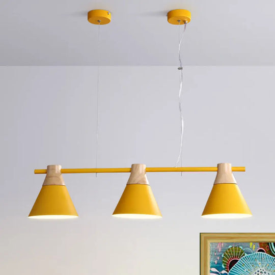 Modern Iron Cone Suspension Light With 3 Bulbs In Yellow/Blue/Green - Linear Design For Dining Room