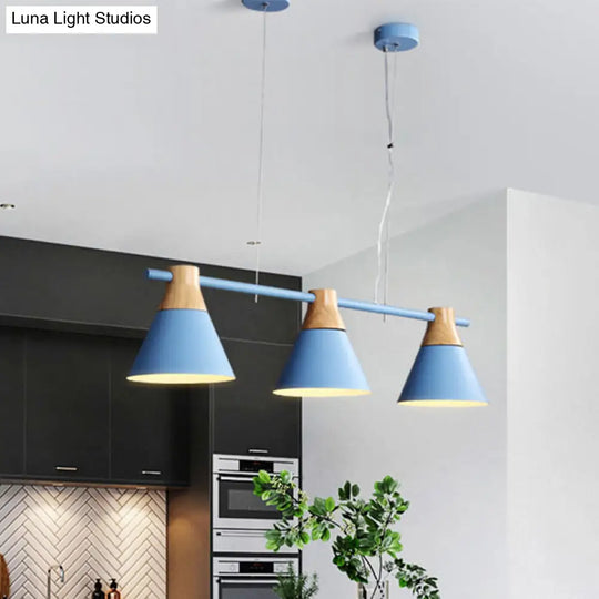 Modern Iron Cone Suspension Light With 3 Bulbs In Yellow/Blue/Green - Linear Design For Dining Room