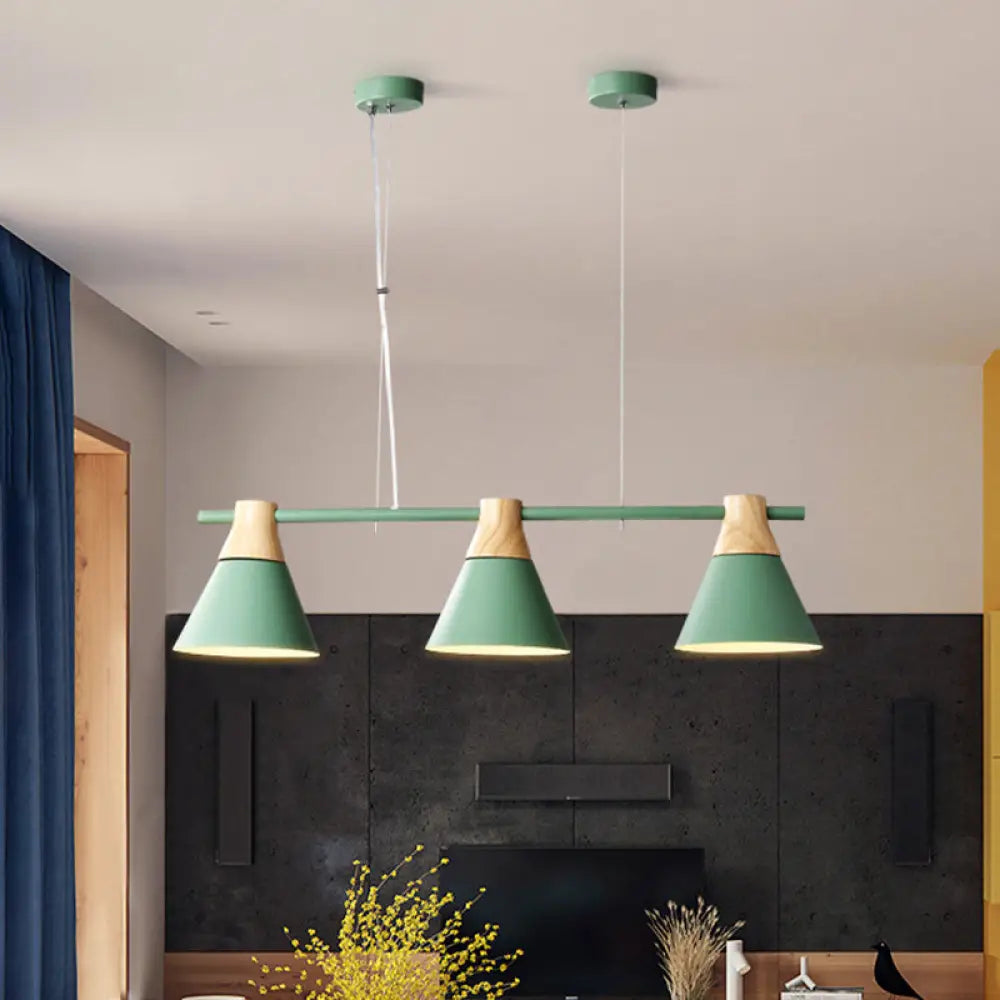 Modern Iron Cone Suspension Light With 3 Bulbs In Yellow/Blue/Green - Linear Design For Dining Room