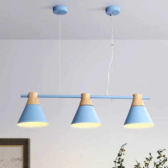 Modern Iron Cone Suspension Light With 3 Bulbs In Yellow/Blue/Green - Linear Design For Dining Room