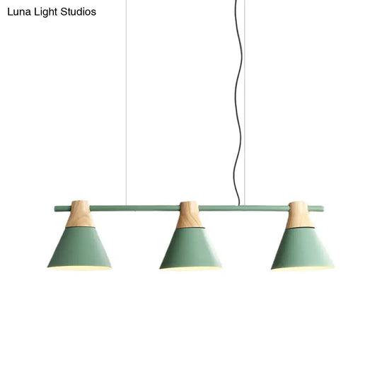 Modern Iron Cone Suspension Light With 3 Bulbs In Yellow/Blue/Green - Linear Design For Dining Room