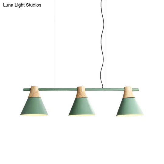 Modern Cone Dining Room Suspension Light With Linear Design - 3 Bulbs Pendant In Yellow/Blue/Green