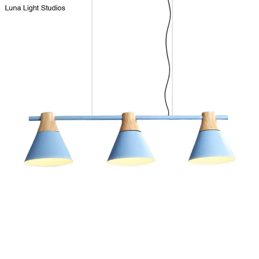 Modern Cone Dining Room Suspension Light With Linear Design - 3 Bulbs Pendant In Yellow/Blue/Green