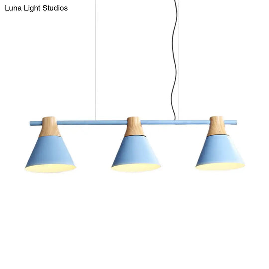 Modern Cone Dining Room Suspension Light With Linear Design - 3 Bulbs Pendant In Yellow/Blue/Green