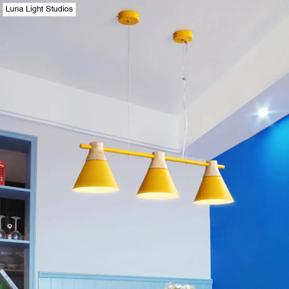 Modern Cone Dining Room Suspension Light With Linear Design - 3 Bulbs Pendant In Yellow/Blue/Green